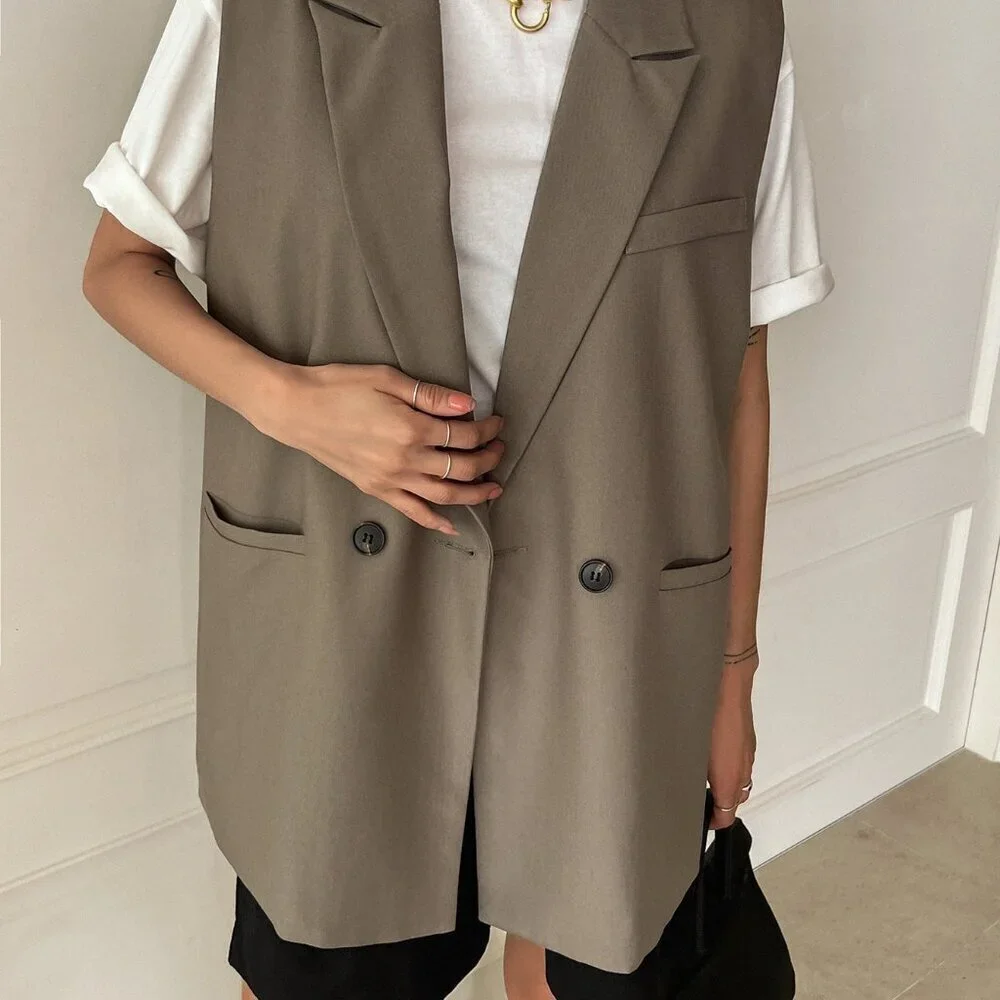 Khaki Casual Women's Double Button Double Pocket Vest Blazer - Picture 5 of 8